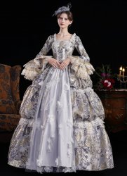 Women Gray Jacquard Multi Layered Long Lace Sleeves Floor Length Festive Formal Ball Gown Masquerade Party Dress Women Gray Jacquard Multi Layered Long Lace Sleeves Floor Length Festive Formal Ball Gown Masquerade Party Dress
