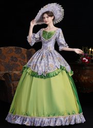 Green Yellow Gray Printed Ruffled Half Sleeves Floor Length Venice Carnival Holiday Festive Formal Dress Green Yellow Gray Printed Ruffled Half Sleeves Floor Length Venice Carnival Holiday Festive Formal Dress
