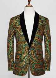 Men Gold-Green Cashew Flower Shiny Sequin Floral Shawl Lapel Suit Jacket Weddings Prom Banquets Formal Blazer Men Gold-Green Cashew Flower Shiny Sequin Floral Shawl Lapel Suit Jacket Weddings Prom Banquets Formal Blazer