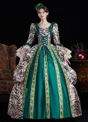 Women Green Brocade Zebra-Print Multi Layered Long Sleeve Carnival Inspired Ball Dress Theater Costume Women Green Brocade Zebra-Print Multi Layered Long Sleeve Carnival Inspired Ball Dress Theater Costume