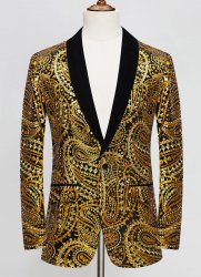 Men Gold Cashew Flower Shiny Sequin Floral Suit Jacket Weddings Prom Banquets Formal Blazer Men Gold Cashew Flower Shiny Sequin Floral Suit Jacket Weddings Prom Banquets Formal Blazer