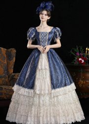 Women Dark Blue Lace Ruffled Short Sleeve Southern Belle Masquerade Dress Women Dark Blue Lace Ruffled Short Sleeve Southern Belle Masquerade Dress