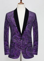 Men Purple Cashew Flower Shiny Sequin Floral Shawl Lapel Suit Jacket Weddings Prom Banquets Formal Blazer Men Purple Cashew Flower Shiny Sequin Floral Shawl Lapel Suit Jacket Weddings Prom Banquets Formal Blazer
