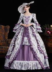 Purple Floral Printed Lace Ruffled Long Sleeve Holiday Carnival Fantasy Dress Women Stage Theater Costume Purple Floral Printed Lace Ruffled Long Sleeve Holiday Carnival Fantasy Dress Women Stage Theater Costume