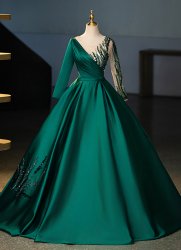 Green Red Satin Long Sleeve Stage Formal Dress Green Red Satin Long Sleeve Stage Formal Dress