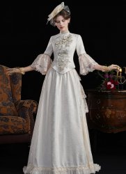 Women Champagne Jacquard 1890s 1900s Edwardian Dress Vintage Downton Abbey Gown Theater Clothing Women Champagne Jacquard 1890s 1900s Edwardian Dress Vintage Downton Abbey Gown Theater Clothing