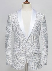Men White Cashew Flower Shiny Sequin Floral Shawl Lapel Suit Jacket Weddings Prom Banquets Formal Blazer Men White Cashew Flower Shiny Sequin Floral Shawl Lapel Suit Jacket Weddings Prom Banquets Formal Blazer