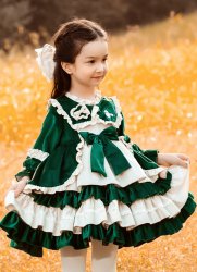 Boutique Style Green Velvet Girls Party Dress Lace Ruffle Above Knee Winter Gown Boutique Style Green Velvet Girls Party Dress Lace Ruffle Above Knee Winter Gown