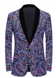 Men Purple Cashew Flower Shiny Sequin Floral Embroidery Suit Jacket Weddings Prom Banquets Formal Blazer Men Purple Cashew Flower Shiny Sequin Floral Embroidery Suit Jacket Weddings Prom Banquets Formal Blazer