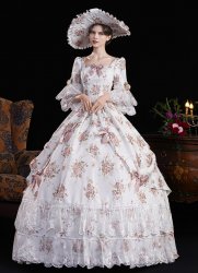 Pink and Purple Floral Lace Flower Short Flare Sleeve Floor Length Princess Masquerade Dress Venice Carnival Costume Pink and Purple Floral Lace Flower Short Flare Sleeve Floor Length Princess Masquerade Dress Venice Carnival Costume
